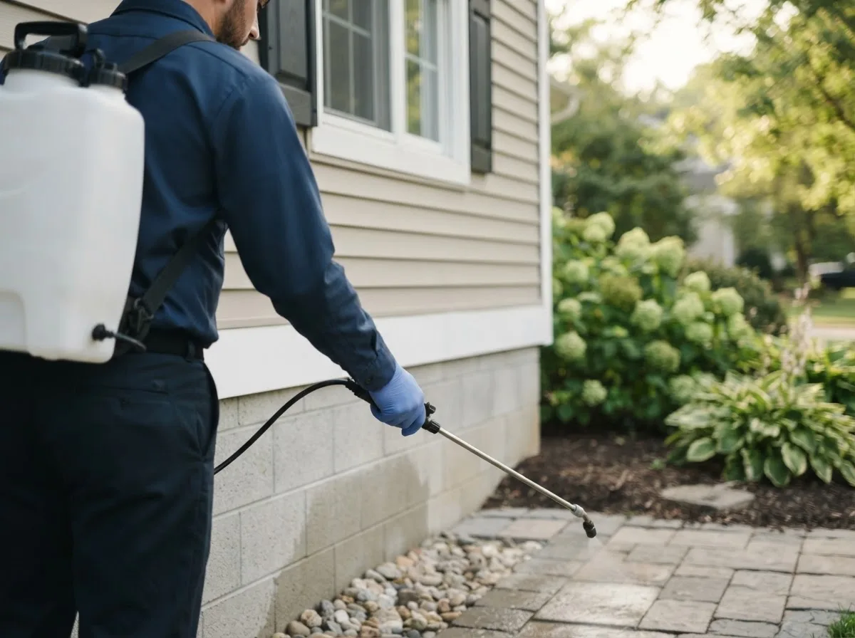 Pest control technician inspecting a home in Melvin, MI